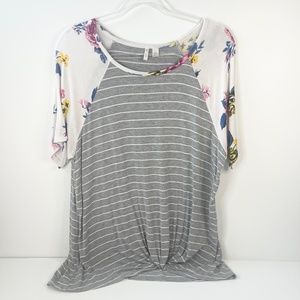 Cato Fashions Women’s Gray Stripe Top with Floral Sleeves Size Large